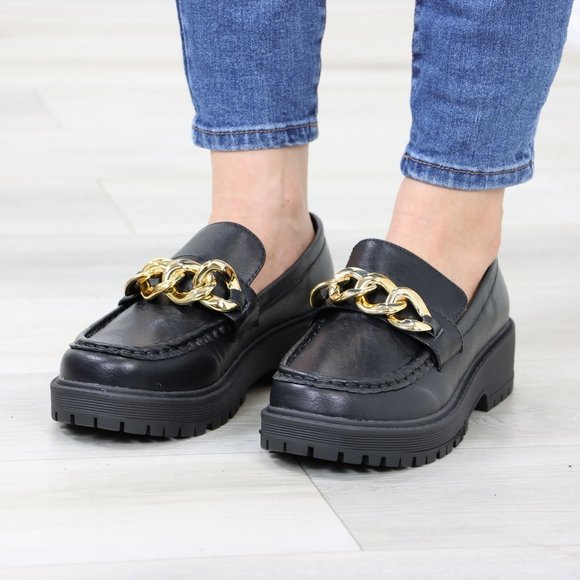 Chunky Lug Sole Slip On Penny Loafers Platform With Gold Chain - Picture 13 of 13